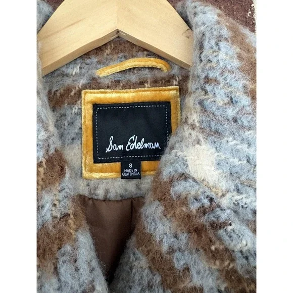 Sam Edelman Coat Womens 8 Blue Brown Plaid Double Breasted Fuzzy Long Winter - Picture 5 of 8